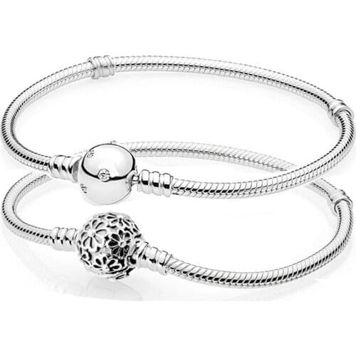 Original Ball Circular Vintage Daisy Flower Clasp Snake Chain Bracelet Fit Pandora Bangle 925 Sterling Silver Charm DIY Jewelry