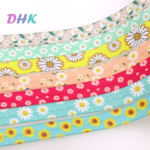 DHK 5/8'' 5yards Flower Chrysanthemum Sunflower Printed Fold Elastic FOE Stretch Ribbon Hairbow Headwear Headband DIY C1920