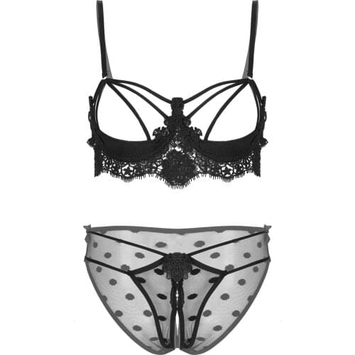 Women Sexy Mesh Lingerie Suit Push Up Embroidered Cutout Bra Tops with Dot See-through Crotchless Briefs Exotic Underwear Set