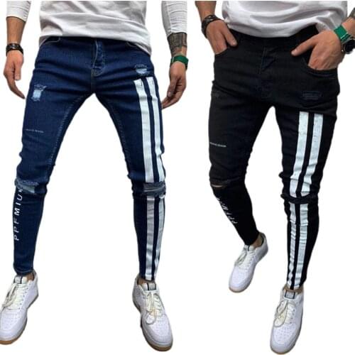 Brand New Mens Ripped Distressed Jeans Casual Slim Fit Letter Stripes Print Skinny Denim Pants pencil Trousers