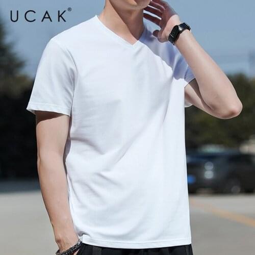 UCAK Brand Classic V-Neck Solid Color Short Sleeve T-Shirts Summer Fashion Style Streetwear Tops Casual Silk T Shirt Homme U5496