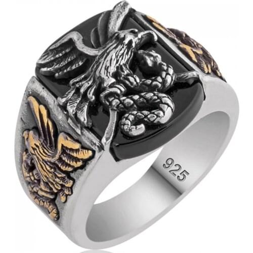 Solid 925 Sterling Silver Eagle Figure Onyx Stone Mens Ring
