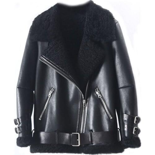 Real Merino Sheep Fur Genuine Leather Double-faced Fur Coat Winter Jacket Women Moto Biker Thick Warm Natural Luxury
