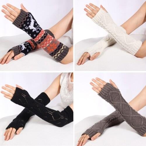 QCOOLJLY Women Fingerless Gloves Mittens Stripe Twist Warm Knitted Long Glove Autumn Winter Arm Sleeves Wrist Protector