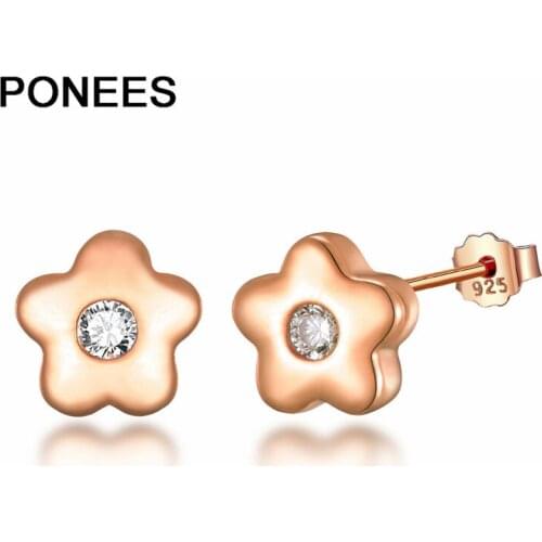 Ponees 925 Sterling Silver Flower Stud Earrings Small Cute Cubic Zirconia CZ Earrings Women Girls Party Gift
