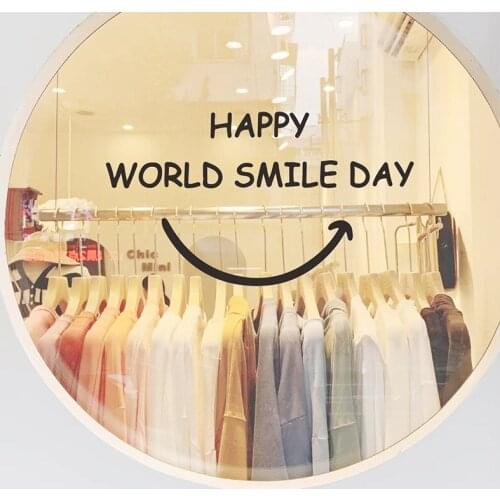 Happy World Smile Day Words Decorative Wall Mirrors Shop Window Sticker Home Decor Bathroom Accessories House Decals Art Posters