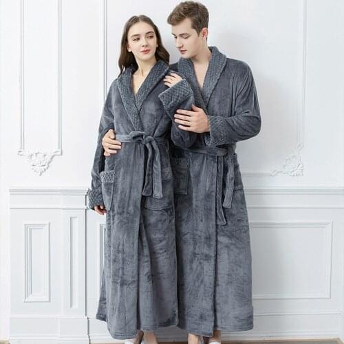 Couple Bathrobe Casual Bathrobe Winter Autumn Flannel Long Robe Warm Thick Sleepwear Pajamas Nightgown Spa Dressing Gown