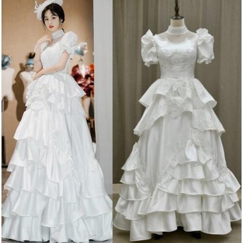 #3156 100% Real Photos Victoria Vintage Special Design Lantern Sleeve Satin Layered Soft Ivory Bridal Gown Wedding Dress