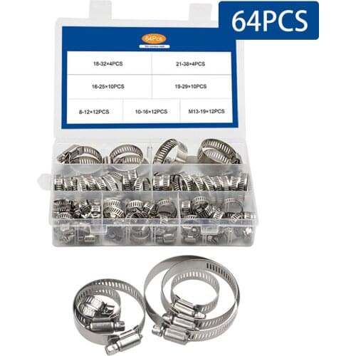 64PCS/Box Hose Clamp Adjustable 8-38mm Worm Gear Hose Clip Set For Water Pipe Plumbing Automotive Mechanical Assortment Kit