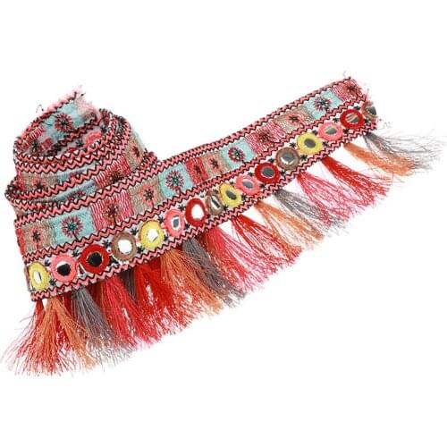 Ethnic Jacquard Trim with Ribbon Tassel Fringe DIY Craft Supplies Red 1 Yard