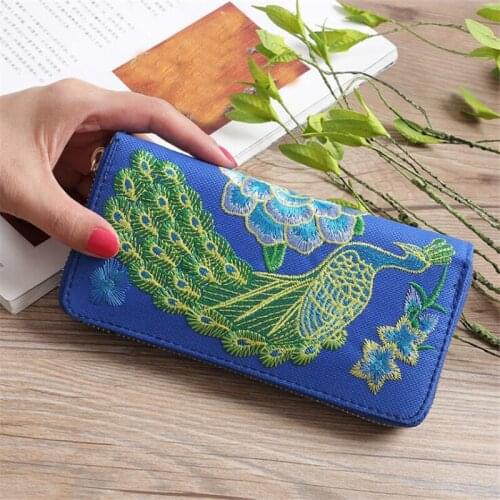 Ethnic High-capacity Zipper Peacock Embroidery Women Long Wallet Retro Casual Coin Purse Clutch Phone Bags