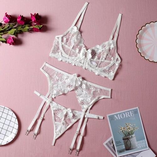 3 Piece Underwear Set Embroidery See Through Sexy Lingerie Women Thin Transparent Lace Bralet Push up Bra Set Bra+Garters+Thong