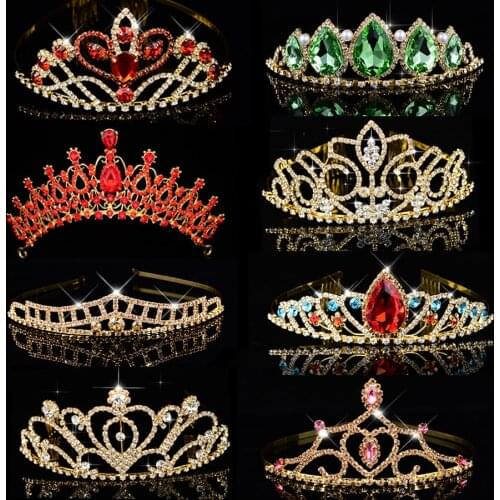 Queen Princess Crown For Women Girl Brithday Green Red Crystal Gold Headdress Big Tiara Bridal Wedding Hair Jewelry Accessories