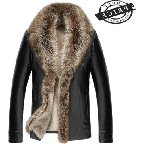 Leather Jacket Men Clothes Raccoon Dog Fur Collar Winter Jackets for Men Plus Size Sheepskin Coat 6xl Chaqueta Hombre ZTa002