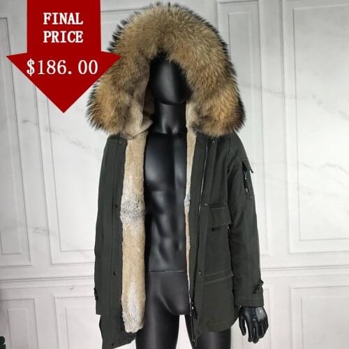 Mens Tooling Fur Parkas Men Natural Raccoon fur Jacket Winter Fashion Warm Real Rex Rabbit Fur Liner Coat