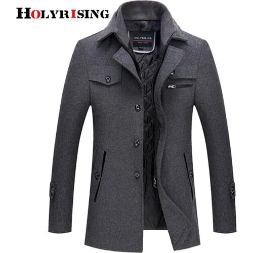 Holyrising Men Wool Jackets Zipper Turn Collar Windproof Pea Coat Soft Stylish Natural Fit Wool Blend Single Breasted Top 19278