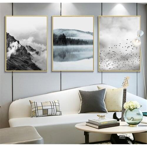 Nordic Tree Bird Lake Landscape Wall Art Canvas Art Print Painting Poster Black and White Wall Pictures for Home Wall Decor