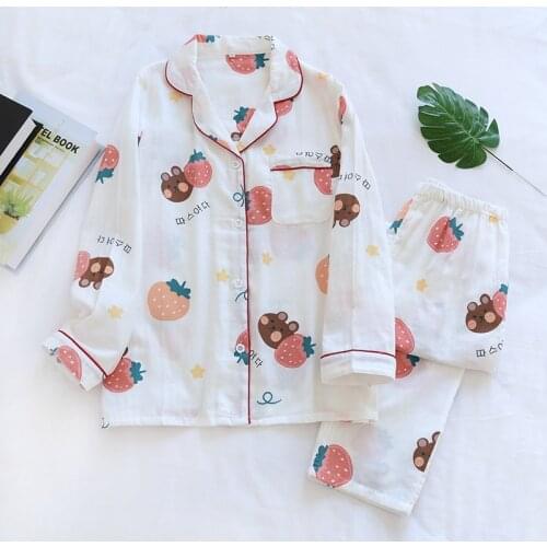 Nightie for Women Two Piece Pajamas Set Cotton Cartoon Pyjamas Woman Long Sleeve Trousers Comfort Nature Sleepwear Clothing Sets