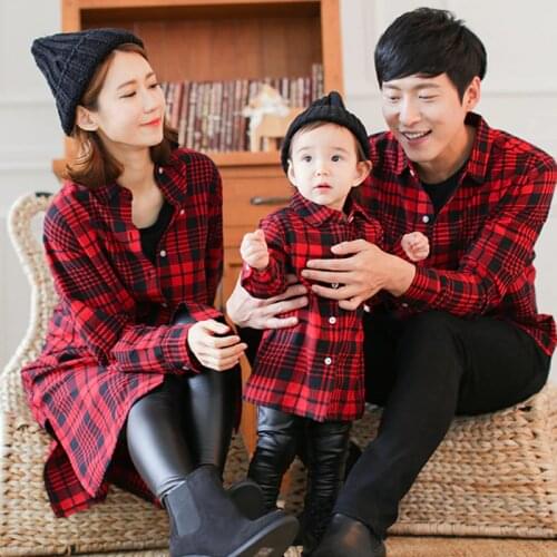 Family matching clothes check shirts father mother daughter son mom mommy and me korean fashion couple family look outfits wear