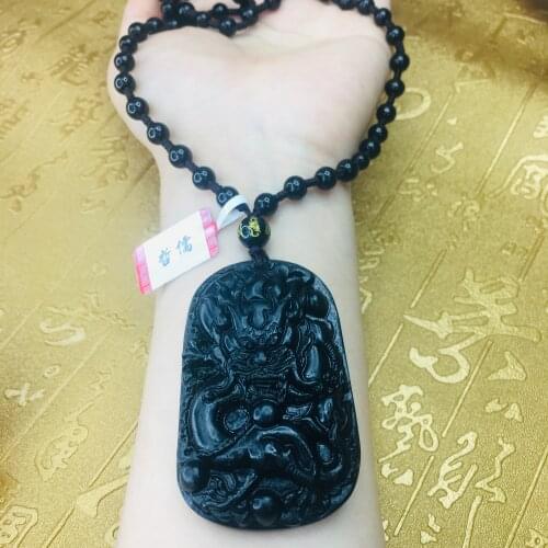 Pure natural ink green carved big flying dragon pendant with black jade bead necklace