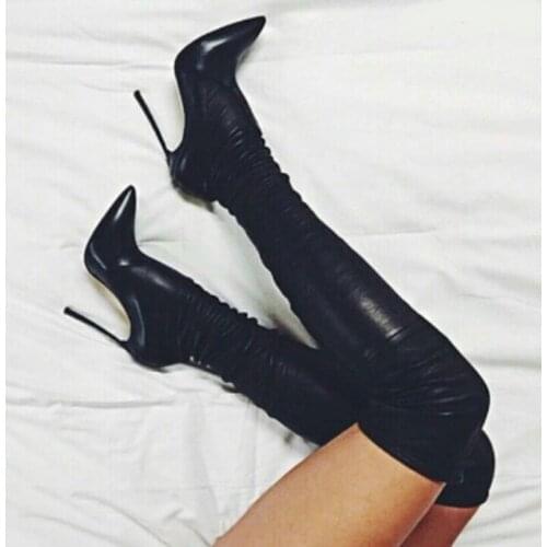 Sexy Blade Heels Over The Knee Boots Pointed Toe Black Beige Metal Stiletto Heels Tight High Boots Big Size Drop Ship