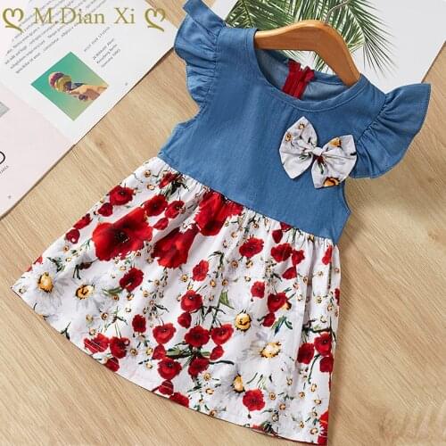 Girls Clothing Dress Summer New Girls Flying Sleeve Denim Stitching Dress Cotton Infant Baby Girls Princess Birthday Party Dress