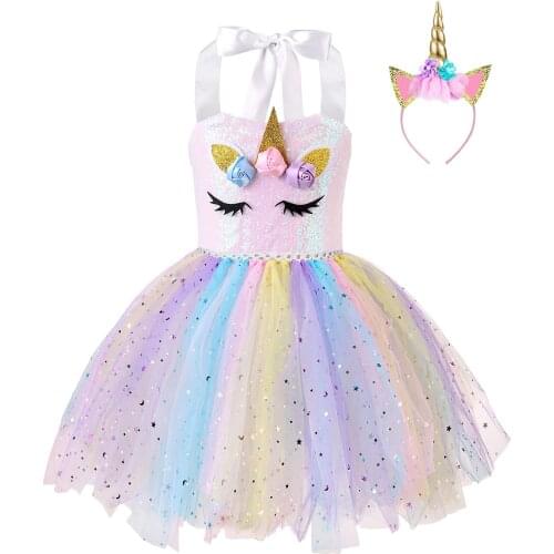 FONLAM Girls Unicorn Dress Costume Princess Flower Tutu Dress Birthday Party for Girls Performance Dress Cospaly Rainbow
