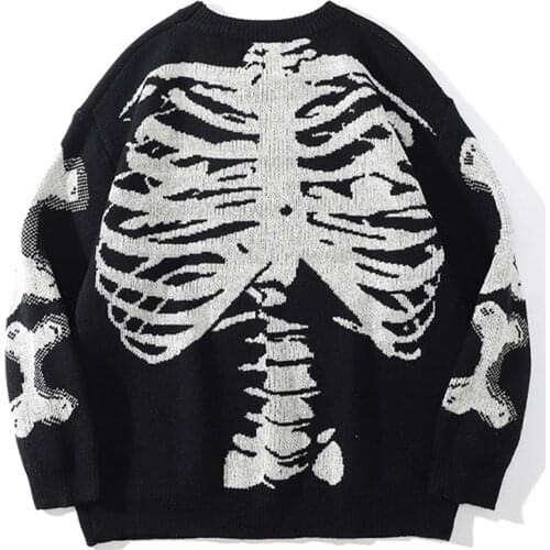 Hip Hop Streetwear Harajuku Sweater Men Women Vintage Retro Skull Print Knitted Sweater Autumn Winter Loose Pullovers pull homme