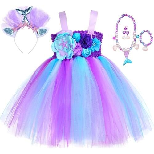 Girls Mermaid Dress Set Starfish Flowers Princess Birthday Party Tutu Dress Girl Halloween Cosplay Mermaid Costumes Kids Clothes
