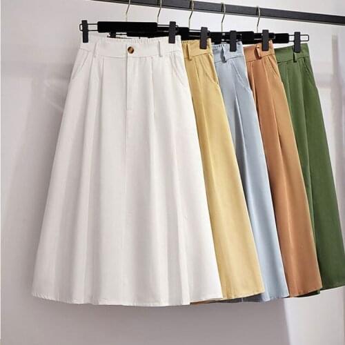 Women Cotton Preppy Skirt Spring Summer Style Solid Casual Elegant Pocket Elastic High Waist A-Line Midi Skirts Faldas