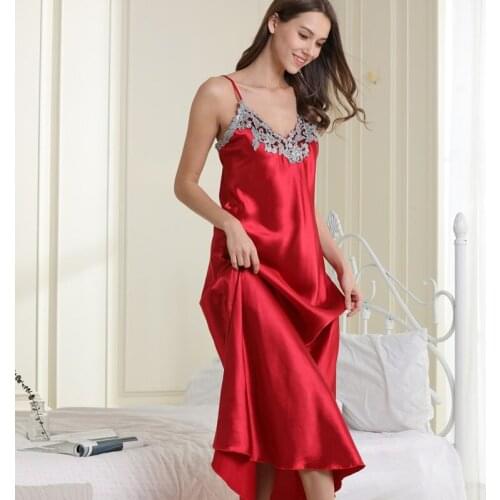 Ladies nightdress, imitation silk pajamas, womens lace sexy V-neck long sling nightdress, casual and comfortable home service