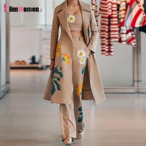 2021 Winter Women Trench Coat Suit Fashion 3 Pcs Sets Female Printed Long Coat+Tank Top+Wide Leg Pants Woman Office Suit Clothes