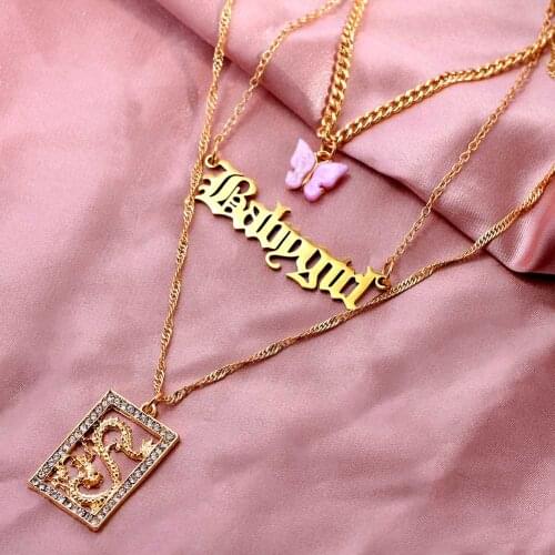 JUST FEEL Fashion Crystal Dragon Pendant Necklace Women Gold Color Multilayer Babygirl Letters Butterfly Clavicle Chain Jewelry