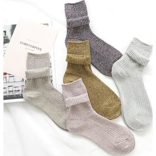 Winter Cotton Solid Shiny Woman Simple Socks Shiny Metallic Line Sock Fashion Art Fold Female Student Thick Warm Socks