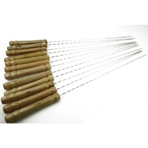12 PCS/Lot free shipping BBQ Steel Metal Barbecue Skewer Grill Kebab Needles Stick Wooden Handle