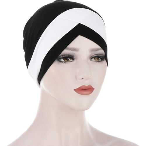 2021 New Fashion Elegant Bicolor Elastic Cloth Forehead Crossed Indian Hat Crystal Hemp Scarf Hat Muslim Bottom Women Turban