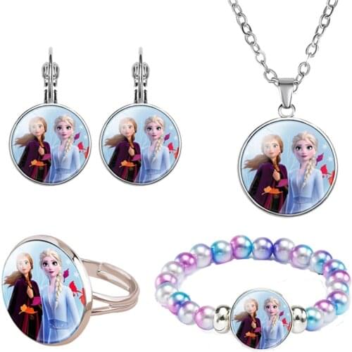4pcs/lot Disney Frozen 2 Birthday Gift Alloy Glass Child Girl Ring Necklace Bracelet Earring Party Gift Gift Jewelry