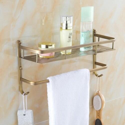 40cm Brass wall bathroom shelves, Square antique shelf single tier with towel rack, Retro cosmetic storage rack towel bar hooks