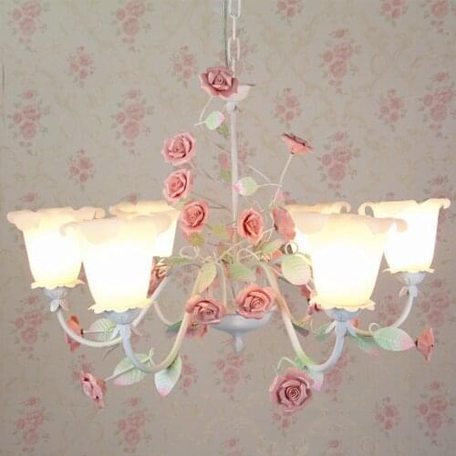 American Garden Countryside Style Living Room Korean Iron Pink Ceramic Rose Flower Pendant Light 110-240v hanging lamp