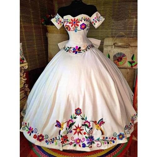 Mexican Charro Quinceanera Dresses Theme Colorful Embroidered Off The Shoulder Satin Lace-up Ball Gown Sweet 16 Vestidos 15 Anos