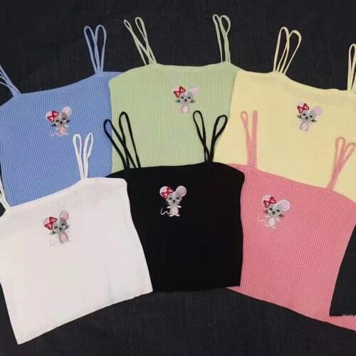 Women Cute Mouse Tank Camis Double Spaghetti Straps Crop Top Femme Knitted Sexy Summer Tube Tops Cropped Camisoles