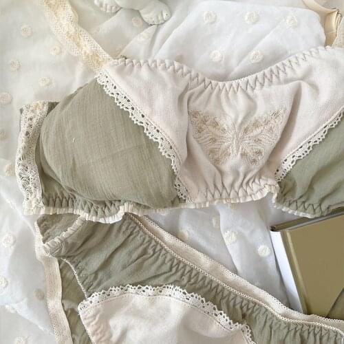 Japanese retro breathable cotton girl underwear set butterfly embroidery lace edge sweet and fresh thin bra set