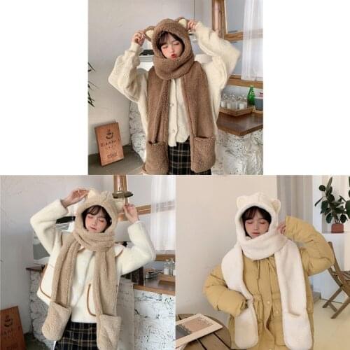 Women Fluffy Plush Warm 3 In 1 Hooded Scarf Hat Gloves Set Cartoon Cat Ears Winter Windproof Earflap Cap Pocket Mittens