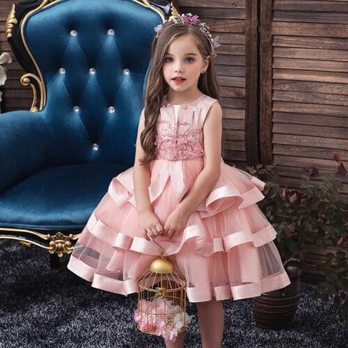 Korean Girl Pink Customer Multi-Layer Gauze Beaded Embroidery Dress Childrens Clothing for Wedding Bridesmaid