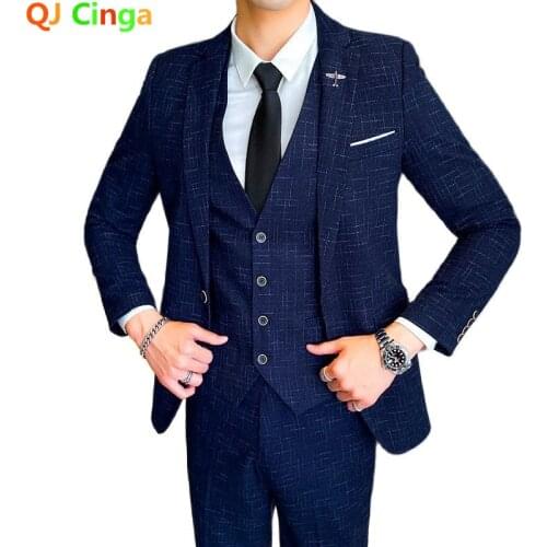 QJ CINGA New Blue Striped 3 Piece Suit (Jacket + Pants + Vest) for Business Wedding Party Men Slim Suits Black Мужской костюм