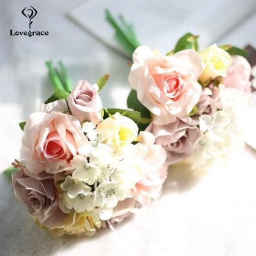 Lovegrace Artificial Silk Hydrangea Peony Ranunculus Posy Flowers Wedding Bouquet Home Decoration Handmade Wedding Accessories