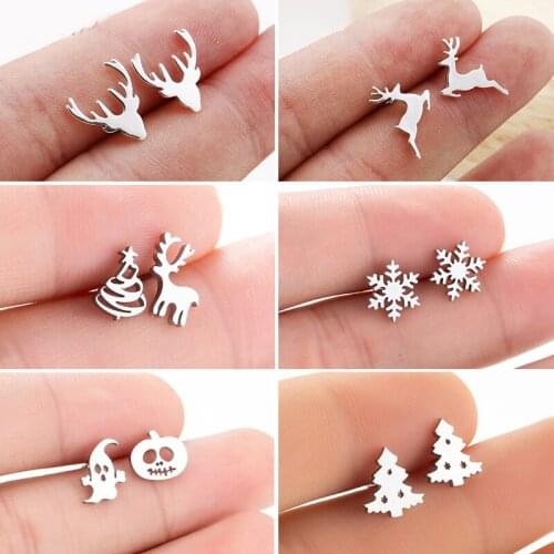 Multiple Small Stainless Steel Stud Earrings for Women Fashion Pumpkin Ghost Deer Snowflake Earring Christmas Kids Hallowmas Gif
