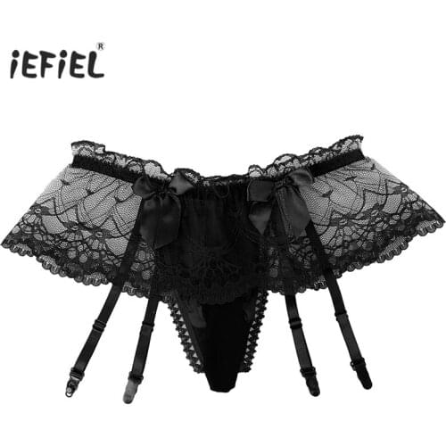 Mens Gay Sissy Panties Lingerie Briefs T-back See Through Lace Thongs Jockstraps Homme Bowknot Sex Male Bikini Briefs Underwear