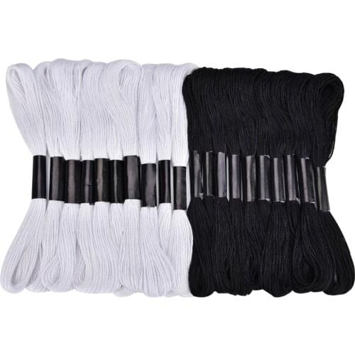 Oneroom 20pcs Black and White Cross Stitch Thread Embroidery Floss Skeins Black Color Hand Sewing Threads Needlework Accessory