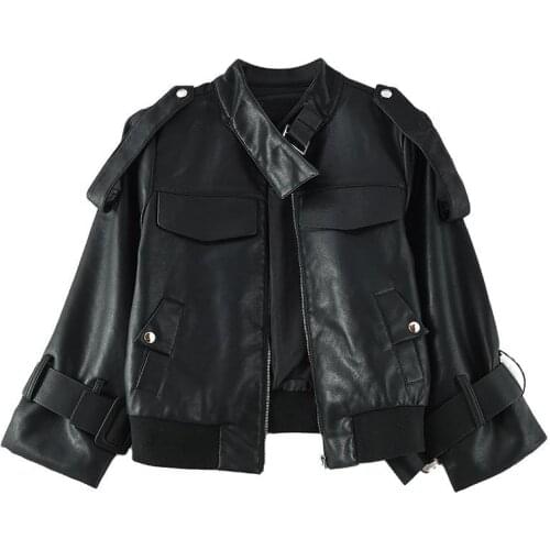 Autumn Short Faux Pu Leather Jacket Women Black Stand collar long-sleeve Casual Green Loose Overcoat Motorcycle biker Outerwear